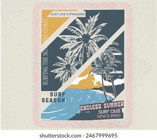 Surf club print design for t shirt print, poster, sticker, background, men, women and others. Summer vibes print design. Sunshine tropical beach artwork. Palm beach vibes artwork.