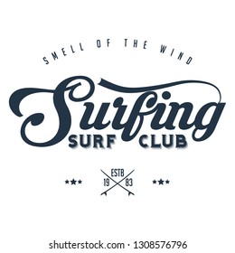 Surf club retro badge with board. Surfing concept for shirt or logo, print, stamp. Vector illustration