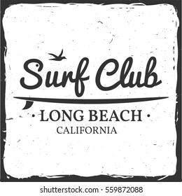 Surf club retro badge with board. Surfing concept for shirt or logo, print, stamp. Vector illustration.