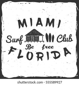 Surf club retro badge. Surfing concept for shirt or logo, print, stamp. Lagoon beach hut. Vector illustration.