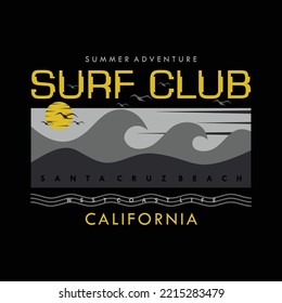 surf club santa cruz beach t-shirt design california big wave silhouette vector image