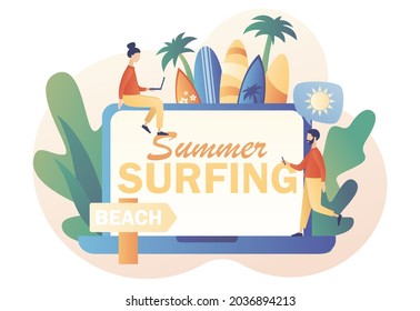 Surf Club or Shop. Summer Surfing - text on laptop screen. Tiny people surfers with surfboards go the beach, sea or ocean. Modern flat cartoon style. Vector illustration on white background