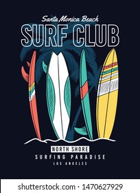 Surf Club slogan text with palm trees and surf boards. For t-shirt prints and other uses.