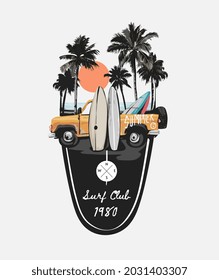 surf club slogan with yellow truck on palm sunset and surf tail vector illustration