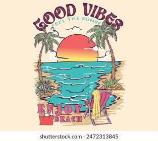 Surf club. Summer good vibes vector graphic design for apparel, stickers, posters, background and others. Surfing club vector design. Beach paradise artwork.