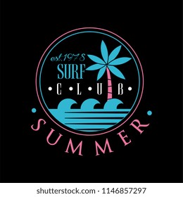 Surf club, summer logo est 1978, creative badge can be used for surf club, shop, t shirt print, emblem, badge, label, flyer, banner, poster vector Illustration