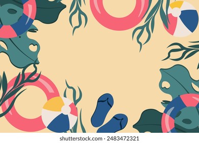 Surf club sunny day aesthetic background. Summer Frame design with rubber ring and blank space. Groovy style palm leaves, flip flop and sandy background. Vector illustration for travel agency banner.