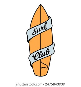 Surf club. Surfing board with lettering. Bright summer illustration . for textiles, prints, for boy and girl