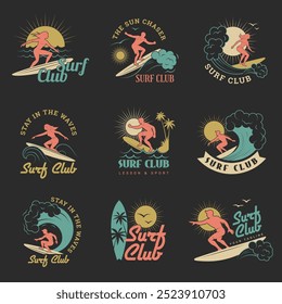 Surf club. T shirt design emblems freedom templates with surfers in active action poses recent vector surf club logo collections