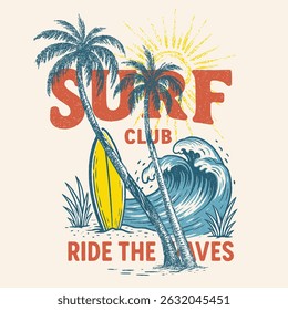 Surf club typography summer text print. Beach wave artwork. Sunshine paradise graphic print design. Surfing board. Sunshine paradise graphic print design. summer t-shirt design