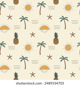 Surf club vacation summer background. Seamless pattern with palm tree beach and sun.