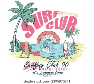 Surf club. West coast hand drawing. Summer vintage design. Good vibes t-shirt artwork. Palm tree, chare graphic print design. Enjoy summer time vector design. Summer retro graphic print design. 