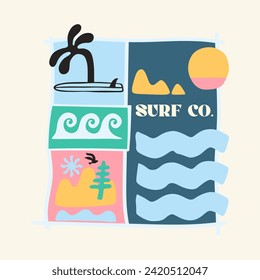 Surf co., wave palm tree sunset, summer beach, Graphic design print t-shirts fashion, illustration, vector, posters, cards, stickers, mug
