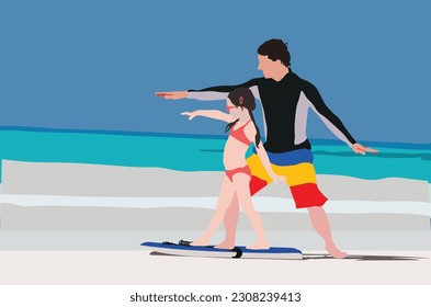 Surf coah teach a little girl on the beach. Surfing private lesson on vacation
