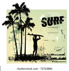 surf coast with surfer and grunge background