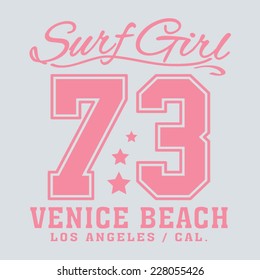 Surf college girl typography, t-shirt graphics, vectors