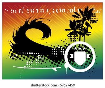 surf colorful scene with wave palms and shield