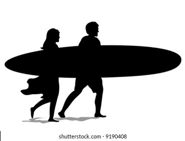"Surf Couple Silhouette" vector is hand drawn original artwork in AI-EPS8 format.