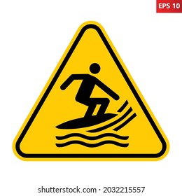 Surf craft area sign. Vector illustration of yellow triangle warning sign with surfer icon inside. Caution surfboard collide with people in water. Surf skis, surf kayaks symbol.