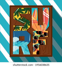 surf creative lettering wood board
