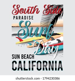 Surf Day Slogan With Surfboard Illustration And Palm Leaf Silhouette, Vector Illustration