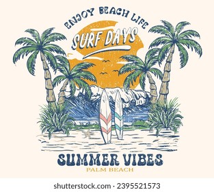 Surf day. Summer time. Beach vibes artwork for t shirt, poster, sticker. Summer good vibes. Paradise t shirt graphics design, typography slogan on palm trees background.  Palm tree vector design.