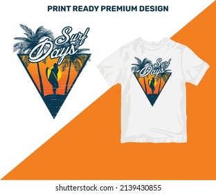 Surf Days Vintage Design Sublimation SVG Vector. Summer Spring Holiday printable design for tshirt, coffee mug, wall art, decor, poster, stickers. Print-ready colorful  tropical cut files for printing