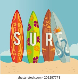 Surf design over beach scape background, vector illustration