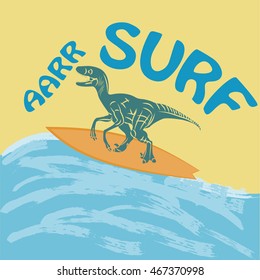 Surf dinosaur, summer.  For t-shirt or other uses. Stock Vector Illustration.