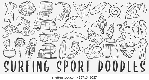 Surf Doodle Icons. Hand Made Line Art. Beach Sports Clipart Logotype Symbol Design.