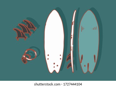 Surf  elements on flat background. Isolated objects. Sea sports. Fins, wrap straps, puffer and board.