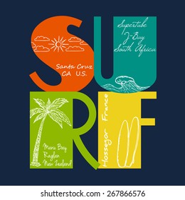 Surf emblem with hand drawn of the sun, wave, palm and surfboards for surfer t-shirt. Vector graphic design