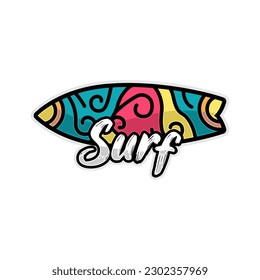 Surf emblem vector template, colorful surfboard with lettering