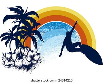surf emblem whit palms, hibiscus and rainbow
