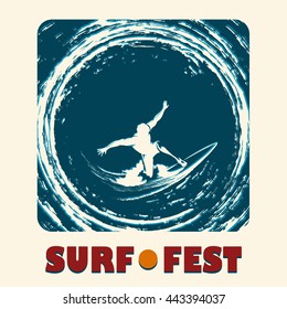 Surf festival emblem with surfer ride on a long board and lettering SURF FEST. Illustration in retro style.