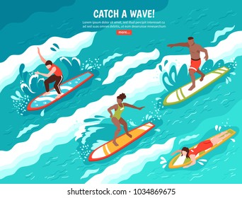 Surf flat composition with group of human characters surfing water wave on surfboards with read more button vector illustration