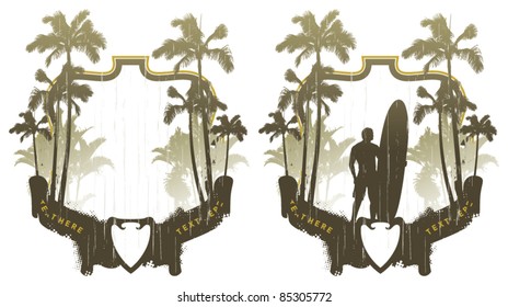 surf frames with palms and surfer