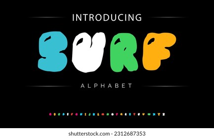 Surf Funky colorful cartoon font type. Vector alphabet