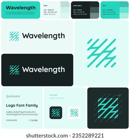 Surf gear turquoise line business logo. Wavelength brand name. Sport equipment. Waves and horizon. Design element. Calm visual identity. Quicksand font used. Suitable for surfboard shop, online store