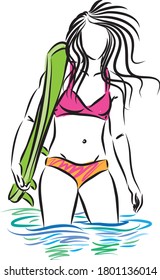 surf girl in beach vector illustration