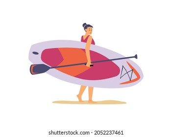 Surf girl hold paddle board and go to beach. Concept of summer activity and enjoying sup surfing ocean coast during vacation. Flat cartoon vector illustration isolated on white.