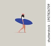 Surf girl holding surfboard - vector
