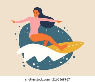 Surf Mädchen minimalistische Vektorgrafik. Digitale Kunst im Flachstil. Junge Frau, die Surfbretter im vollen Wachstum fährt, Stöcker Hinterseite der Talabbiegung