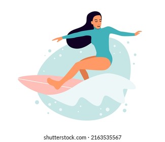 Surf Mädchen minimalistische Vektorgrafik. Digitale Kunst im Flachstil. Junge Frau, die Surfbretter im vollen Wachstum fährt, Stöcker Hinterseite der Talabbiegung