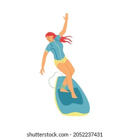 Surf girl stand on surfboard and surfing in ocean waves. Female surfer character enjoy of extreme sport activity during summer vacation at tropical coast. Vector illustration.