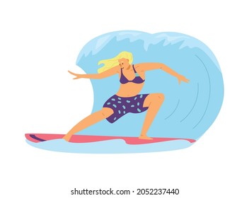 Surf girl stand on surfboard and ride in blue ocean waves. Female surfer character in surfing action enjoy of summer activity during vacation. Flat cartoon vector illustration.