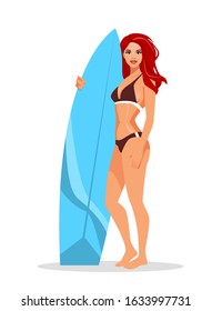 Surf girl standing with surfboard full height. Vector illustration