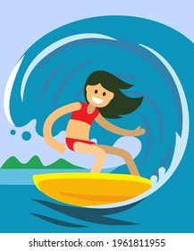 Surf girl with surfboard riding wave. Vector cartoon