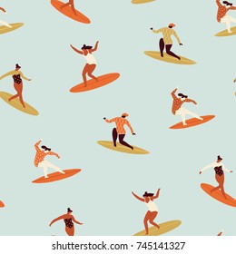 Surf girl surfing in the sea seamless pattern. 70s style pattern