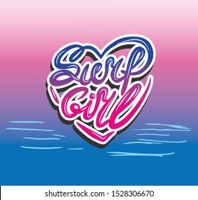 Surf Girl vector letterng with water and pink sky.